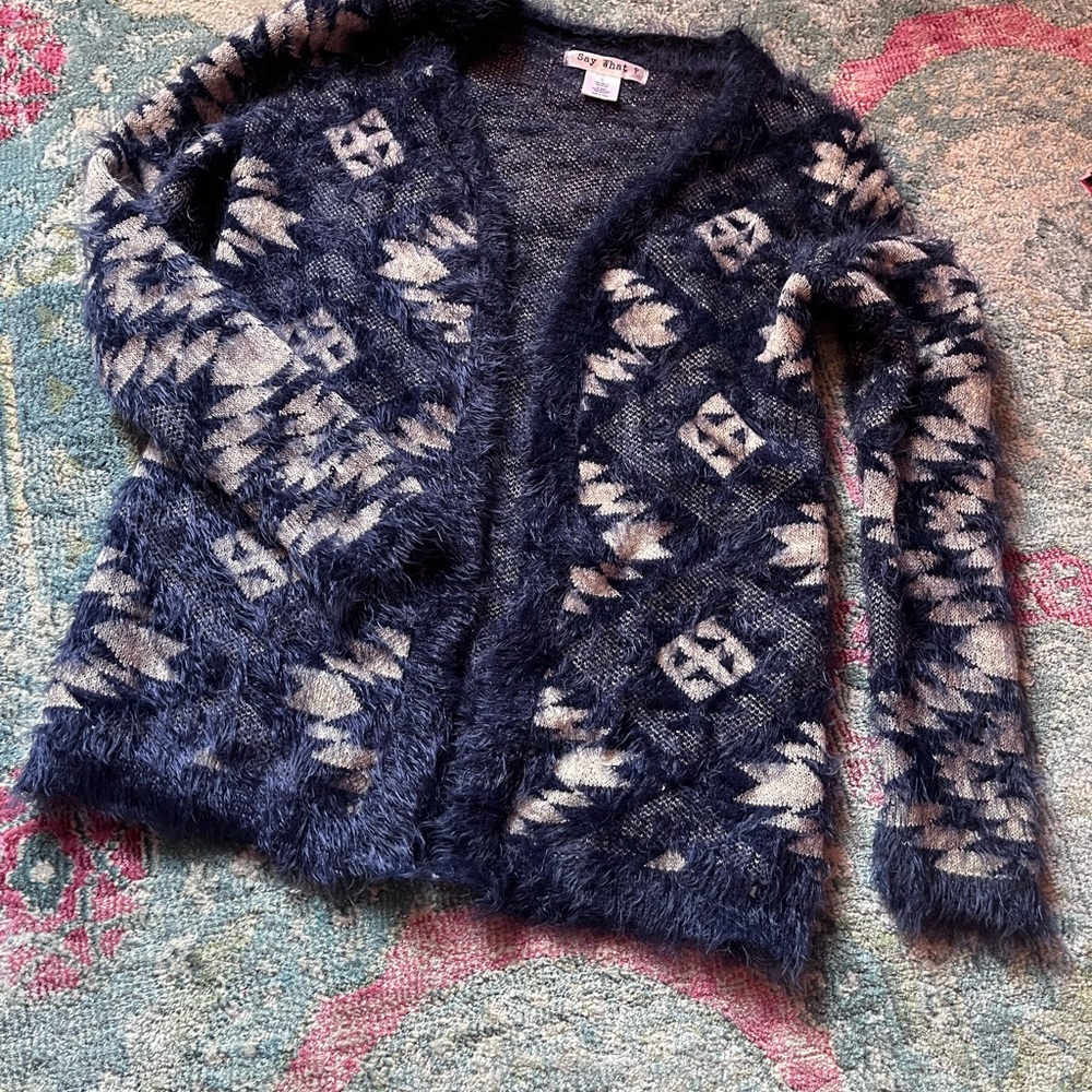 Say What? Dark Blue and Cream Patterned Cardigan